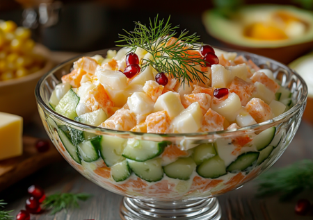 Король праздничного стола: салат с крабовыми палочками, авокадо и хрустящим яблоком в лёгком йогуртовом соусе