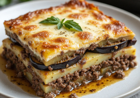 Ленивая «мусака»: картофель, баклажаны и фарш — слоями под сырной шапкой. Готовится само, а на вкус — как сложный ресторанный шедевр