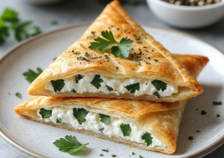 Три ложки творога, пучок петрушки — выкладываю на тесто фило. В духовке — воздушные, слоёные треугольники к утреннему кофе