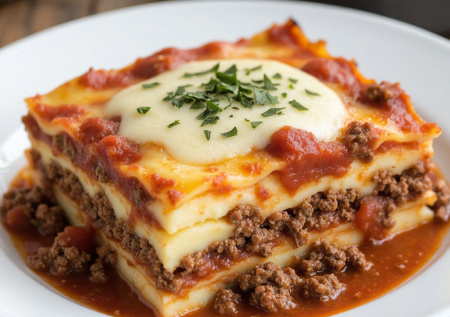 Картофель, фарш и томатный соус — повторяю, как в лазанье. Только проще и быстрее. Итог — нежная, тающая во рту запеканка