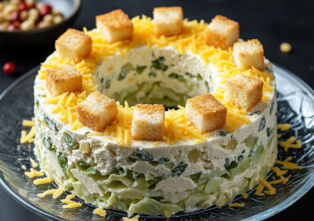 Хрустящий восторг для ужина: салат-кольцо с пекинской капустой, курицей и сухариками в сырной заправке