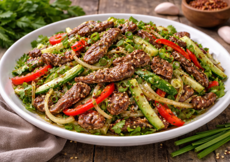 Тёплый салат из говядины подаю вместо горячего с рисом: очень вкусно и просто