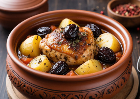 Вместо гречки с мясом — ароматные горшочки: курица, картофель, чернослив и специи. Восточная сладость и пикантность в каждом кусочке