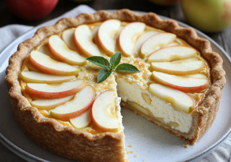 Творог, тонкие ломтики яблок и щепотка кардамона — заливаю яичной заливкой. Восточный пирог «Шахерезада» в духовке за 45 минут