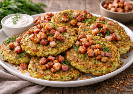 Если есть картошка и кабачок — готовлю кабадраники: можно даже из замороженного кабачка. Подаю с зажаркой из ветчины