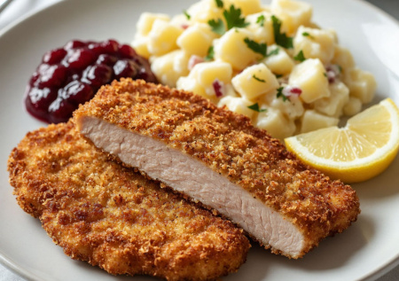 Подаю не просто шницель, а праздник: с долькой лимона, клюквенным соусом и печеной картошкой