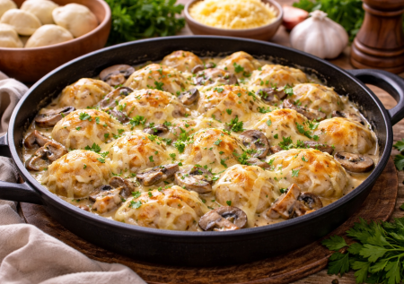 Когда некогда готовить, семья с удовольствием «трескает» это блюдо: обычные пельмешки и грибы, но очень вкусно