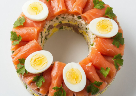Салат-кольцо, который все просят в рецепты: с соленой красной рыбой, рисом и яйцом
