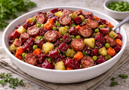 Мужской винегрет с охотничьими колбасками: салат с невероятным вкусом из простых продуктов — вкусно и бюджетно