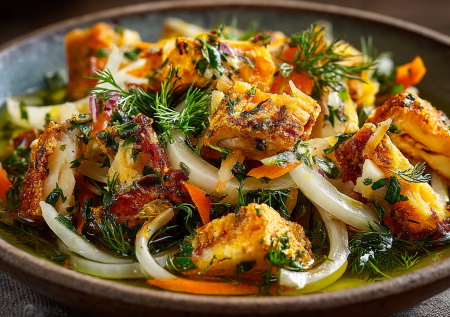 Надоел обычный крабовый салат? Попробуйте «Необыкновенный» с шампиньонами и жареным луком. Теплый и очень ароматный