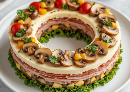 Забудьте об оливье! Готовлю салат-кольцо с маринованными опятами, ветчиной и сыром