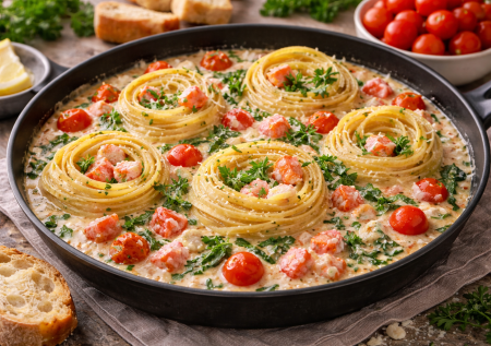 Не варю макароны и не пачкаю кастрюли: сливочная паста с крабовыми палочками и помидорами в одной сковороде