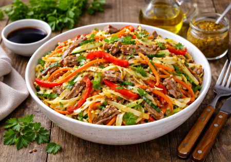 Сытно, сочно и ни грамма майонеза: хрустящий салат «Без лишнего» с говядиной, сразу и белок и овощи