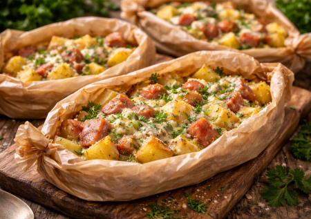 Ужин без заморочек в лодочках из пергамента: запечённый картофель с карбонадом