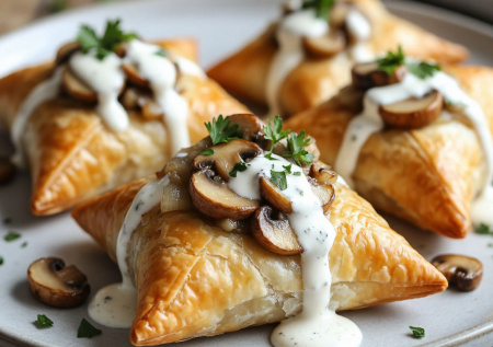 Грибы с луком, немного сметаны — делю на порции из теста фило. Хрустящие самосики с ароматной начинкой