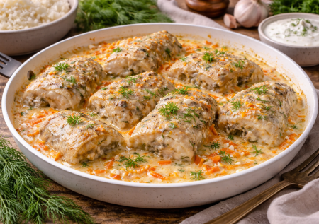 Минтай в густом сметанном соусе: проверенный рецепт с чесноком и овощами. Идеально с пюре, рисом или просто с хлебом