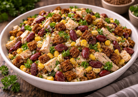 Салат-пятиминутка без варки: нужна копчёная курица, фасоль и сухарики — вкуснота на любое застолье