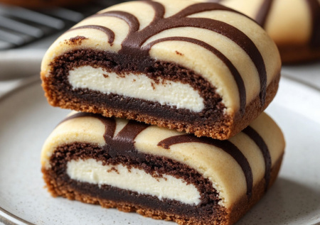 Творожная масса, какао и корица — закручиваю рулетиком. Печенье «Зебра»: два вкуса в одном, нежное внутри