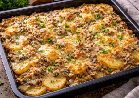 Выкладываю пластами на противень: сытное «Плато» — простой ужин из фарша и картошки, который зайдёт всем