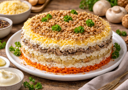Слоеный салат «Солнышко» с куриной грудкой и шампиньонами: яркий, сытный и всегда в центре стола