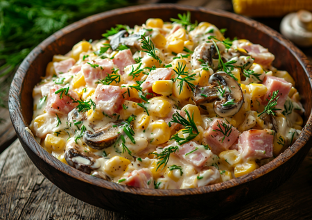 Салат «Лесной» с курицей и грибами: до чего же вкусный, а готовится без слоев и изысканных продуктов