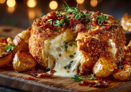 Камамбер в хрустящей панировке с беконом и картошкой. Готовлю закуску с рекой сыра внутри — а вы дальше ешьте скучные запеканки