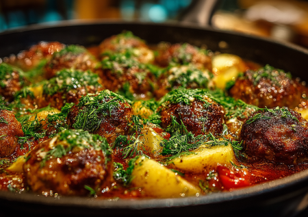 Все сложили в сковороду и забыли на полчаса, вернулись на кухню — ужин готов: блюдо из картошки и фарша