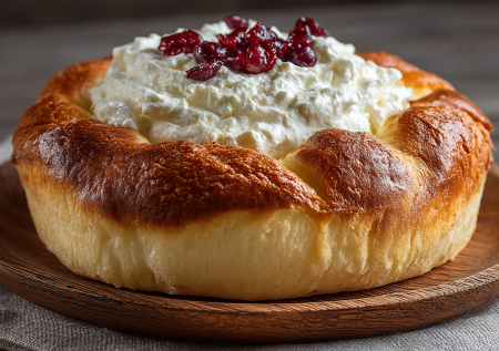 Большая мягкая ватрушка с творогом и ягодами: вкуснейшая альтернатива чизкейкам и запеканкам