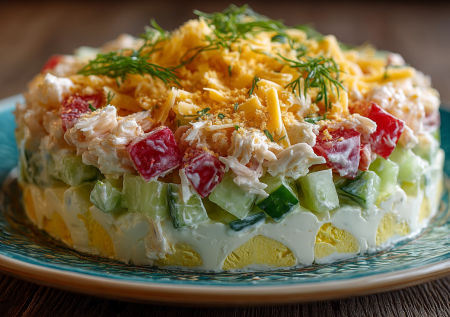 Салат «Неженка» — до чего же простой: крабовые палочки, яйца, огурец и сыр нарезали и сложили слоями