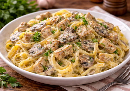 Ресторанный вкус за 20 минут дома: сливочная паста с курицей и шампиньонами