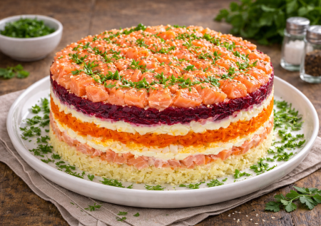 Семга на шубе — нежный слоеный салат с яйцами: вкуснейший праздничный вариант