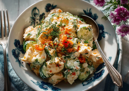 Вкуснее оливье и без горошка: сытный салат с курицей и маринованными огурцами для семейных ужинов