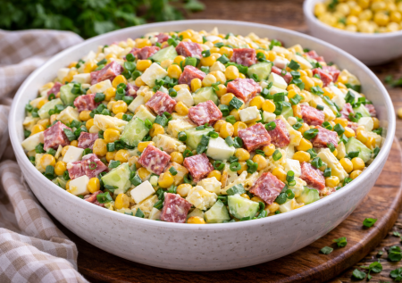 Жарю яйца и собираю простой салат с колбасой и кукурузой: «Любимый» — будете готовить снова и снова