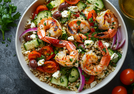 Готовлю не просто салат, а полноценный ужин с птитимом и креветками — вкус солнечного Средиземноморья в одной тарелке