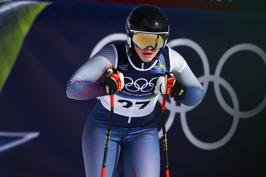 Юлия Плешкова во время соревнований по скоростному спуску среди женщин на зимних Олимпийских играх — 2026