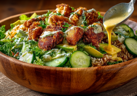 Когда хочется чего-то необычного, готовлю этот салат: с хрустящим рисом и горчичной заправкой