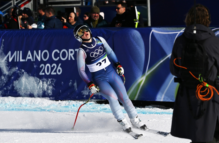 Юлия Плешкова во время соревнований по скоростному спуску среди женщин на зимних Олимпийских играх — 2026