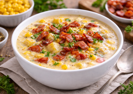 Если смешать кукурузу и бекон в кастрюле — получится чаудер: невероятный суп