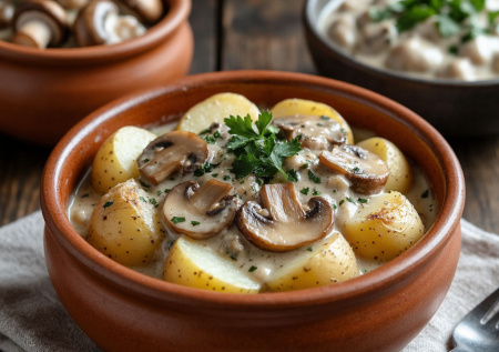 Картошка, шампиньоны и сметана — томлю в горшочках. Душевный ужин «Лесная сказка» готов за 40 минут