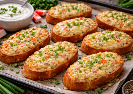 Кто куда, а у меня крабовые пошли в бутерброд: какое чудо получилось! Выложила на батон — и запекла: гренки с крабами и сырком за 10 минут