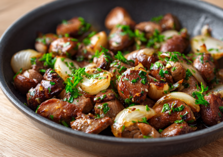 Жареные куриные сердечки с луком — быстрый ужин за 30 минут