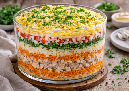 Беру куриное бедро и пачку крабовых палочек: необычный и очень вкусный салат «Валенсия» — когда надоело все однотипное