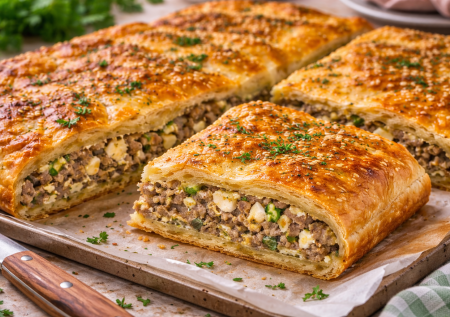 Греческий пирог из слоёного теста с фаршем — сытно, ароматно и очень по-домашнему. Запоминающаяся начинка и простой рецепт