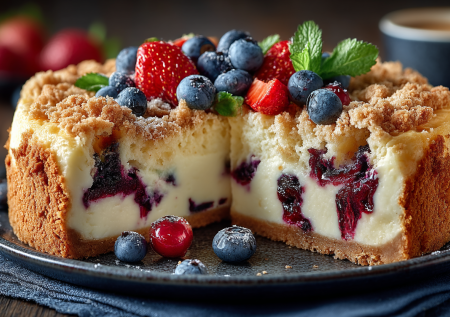 Напоминает сочник, но не нужно ничего лепить: творожный пирог с ягодами и крошкой штрейзель