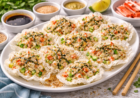 Рисовую бумагу кидаю в шипящее масло и выходит лодочка: необычная закуска с крабовыми палочками в стиле роллов