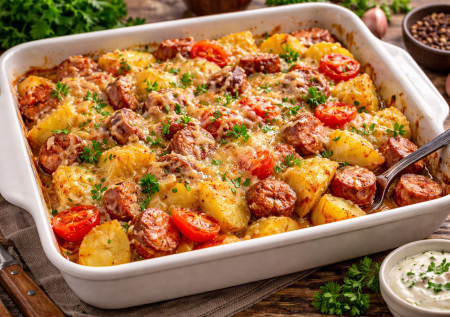 Ужин по-быстрому: картофель с колбасками в духовке — всё сложили и забыли