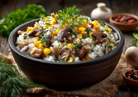 Салат «Монастырский» с рисом и шампиньонами: сытный, слоеный, идеальный для поста. После такого салаты с мясом покажутся пресными