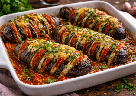 Даже мяса неохота: чумовой баклажан-гармошка с помидорами и сыром — сочный, ароматный и очень вкусный