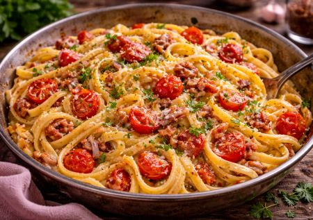 Делать 20 минут, вкус как в кафе: паста на все случаи жизни — сливочная, с беконом и томатами
