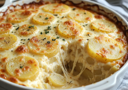 Картофельная запеканка «Три сыра» — на дно ломтики, сверху соус, и так слой за слоем. Никакой возни, а вкус — как в ресторане